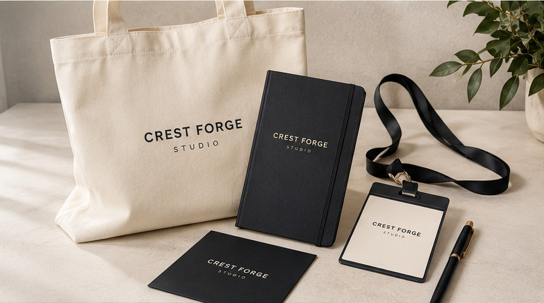 Illustrative conference kit with canvas tote bag, notebook and lanyard