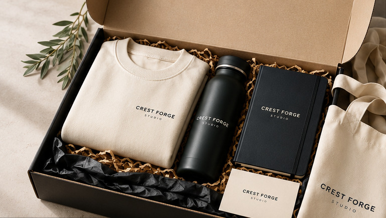 Illustrative corporate welcome kit with apparel, notebook, bottle, card and tote bag