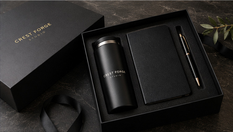 Illustrative black signature gift box with tumbler and notebook
