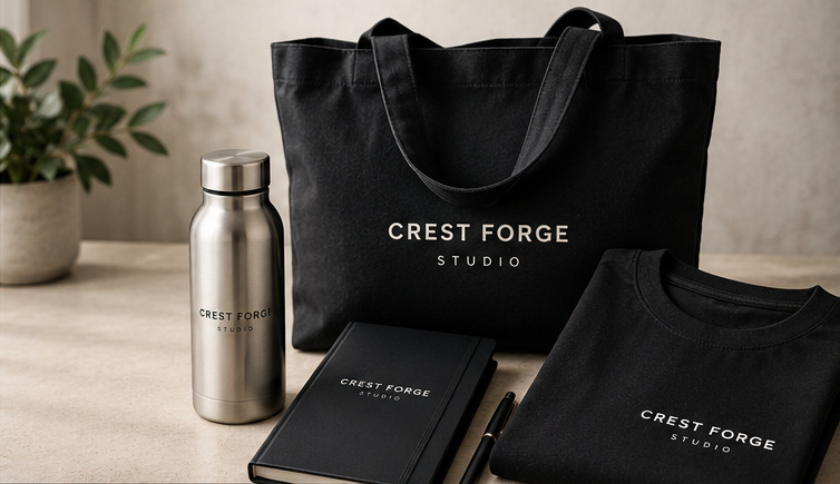 Illustrative new starter kit with tote bag, apparel, notebook and bottle